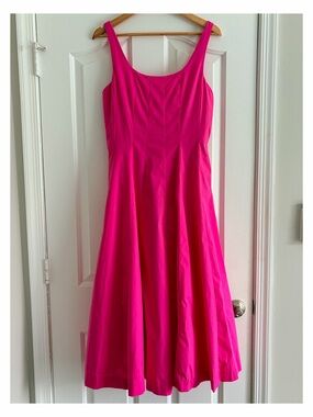 STAUD Wells Dress Bright Pink Fuchsia Midi Fit & Flare Size 10
